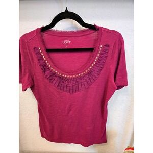 LOFT Women's Short Sleeve Raspberry Ruffle Neck Embellished Top Size M